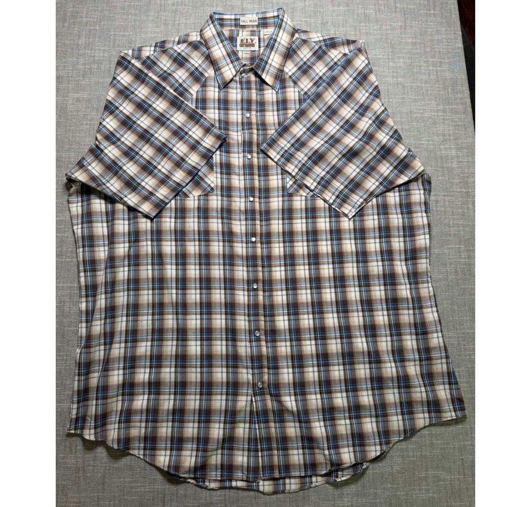 Ely Cattleman Mens Brown Blue Plaid Western Pearl Snap Shirt Tall XXLT